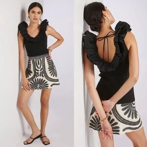 Anthropologie Maeve Ruffled V-Neck Top in Black Size Medium NWOT $80